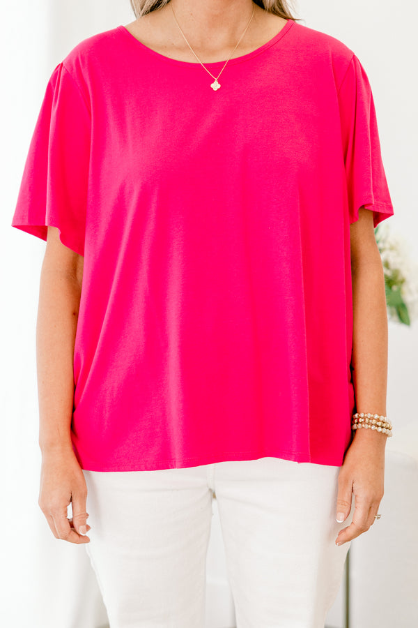 Chic Soul plus size clothing, short-sleeve solid fuchsia pink top with a scoop-neckline 