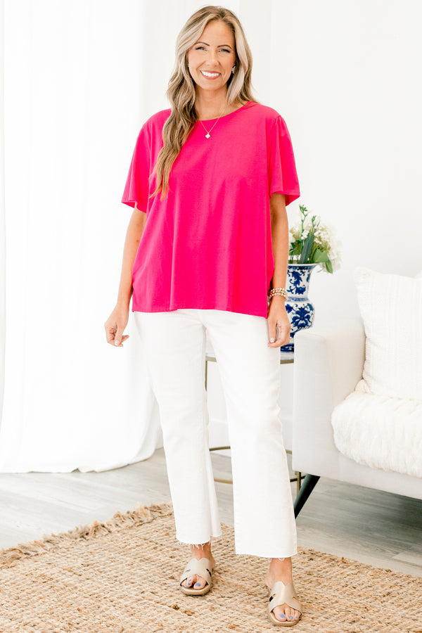 Chic Soul plus size clothing, short-sleeve solid fuchsia pink top with a scoop-neckline 