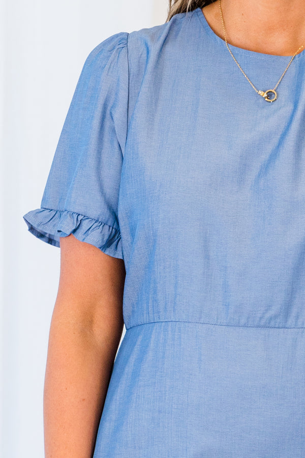 Chic Soul plus size clothing, denim blue short sleeve mini dress with subtle puff sleeves with ruffle along bottom of the sleeves and skirt with synched waist