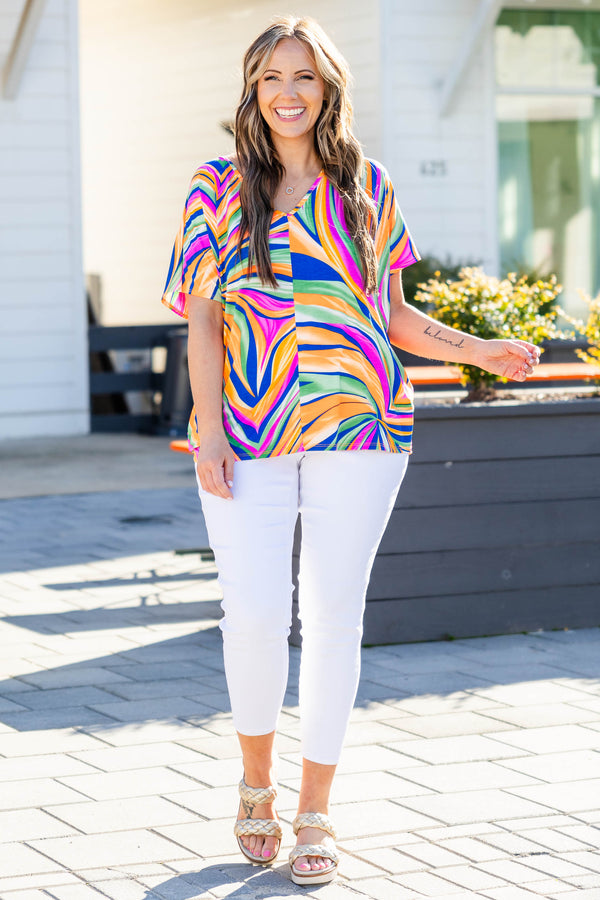 Chic Soul plus size clothing, multi color top with abstract design and short sleeves