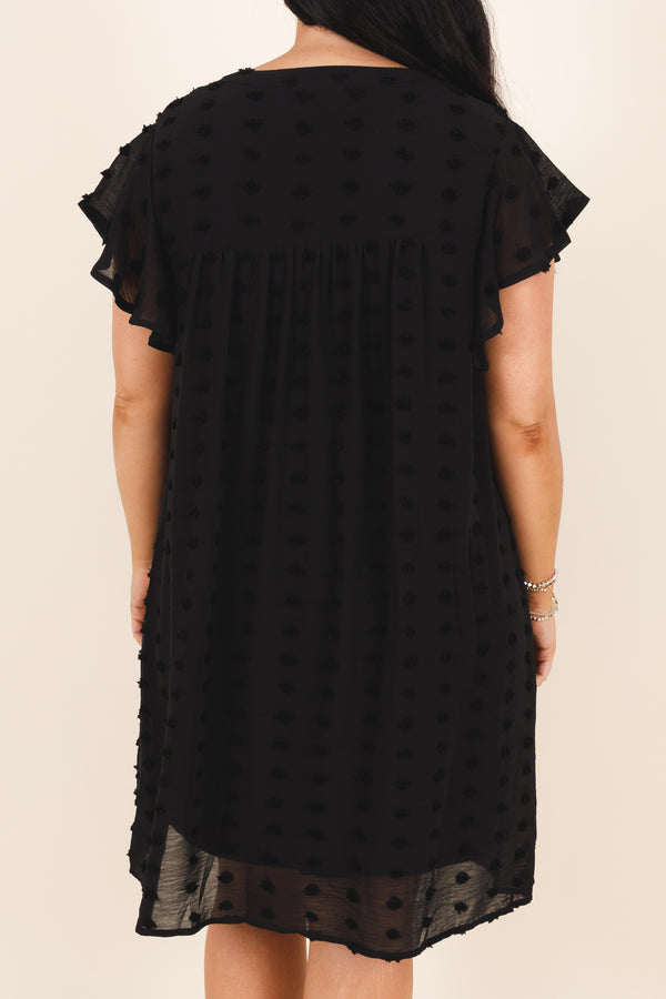 Chic Soul plus size clothing, black flowy dress with an french raised dot pattern , v neckline, and ruffle sleeves