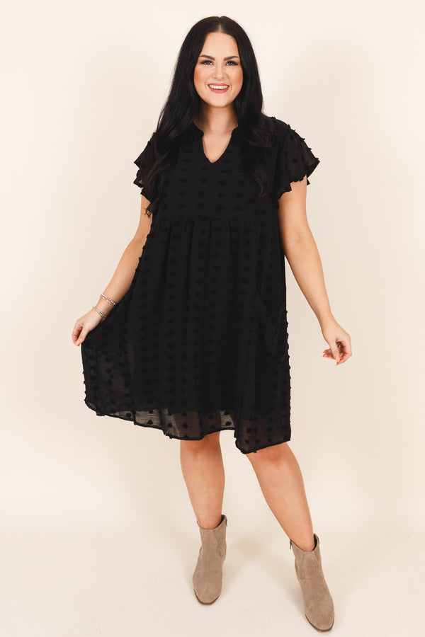 Chic Soul plus size clothing, black flowy dress with an french raised dot pattern , v neckline, and ruffle sleeves