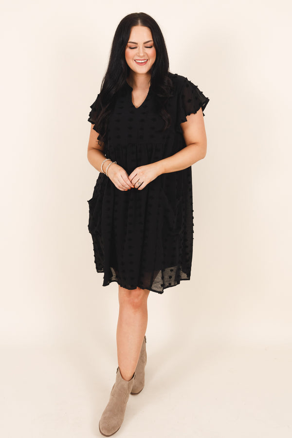 Chic Soul plus size clothing, black flowy dress with an french raised dot pattern , v neckline, and ruffle sleeves