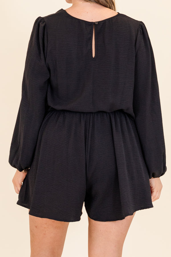 Chic Soul plus size clothing, black long sleeve romper with synched waist with drawstring detail with v neckline and cuffed sleeves