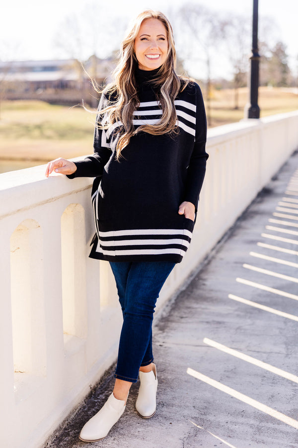 Chic Soul plus size clothing, black tunic sweater with turtleneck, long sleeves and white horizontal stripes