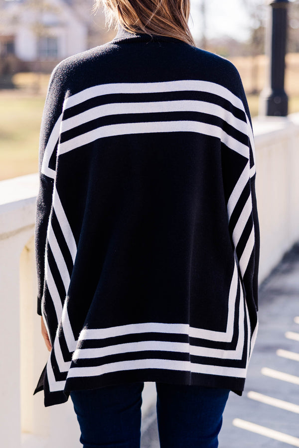 Chic Soul plus size clothing, black tunic sweater with turtleneck, long sleeves and white horizontal stripes