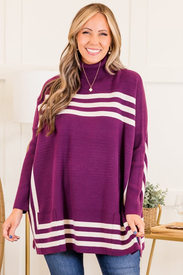 Chic Soul plus size clothing, long-sleeve eggplant purple tunic with fold-down turtle-neckline and ivory abstract striped pattern 