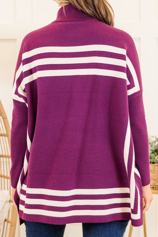 Chic Soul plus size clothing, long-sleeve eggplant purple tunic with fold-down turtle-neckline and ivory abstract striped pattern 