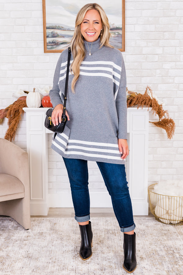 Chic Soul plus size clothing, heather gray long sleeve tunic white white square design with mock neckline 