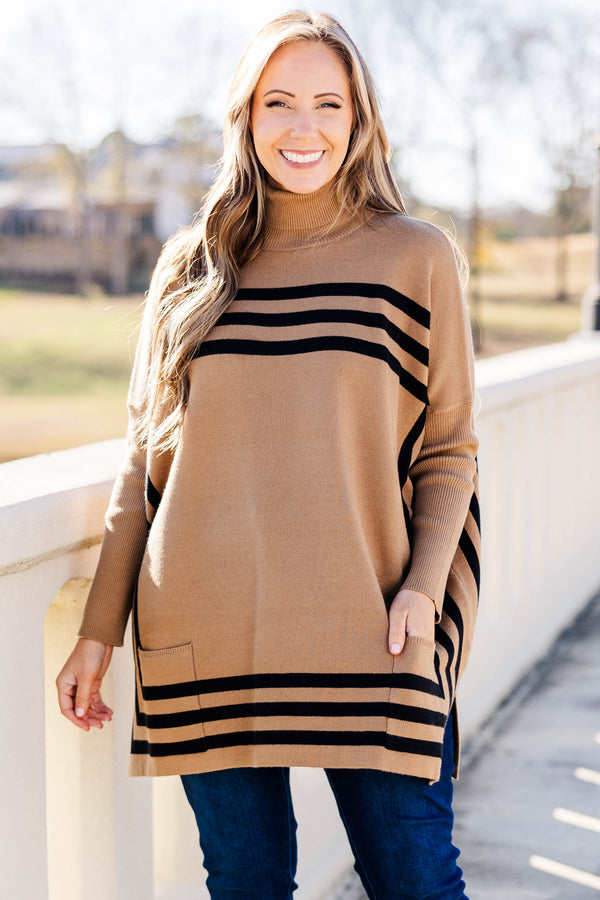 Chic Soul Plus size clothing, Tan tunic sweater with turtleneck. Ribbed fabric with long sleeves, front pockets and horizontal stripes.