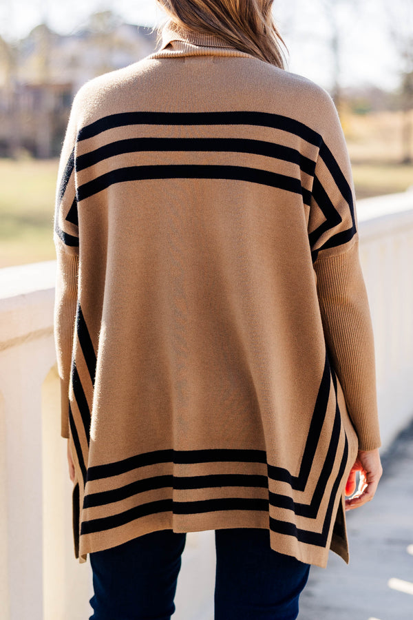 Chic Soul Plus size clothing, Tan tunic sweater with turtleneck. Ribbed fabric with long sleeves, front pockets and horizontal stripes.