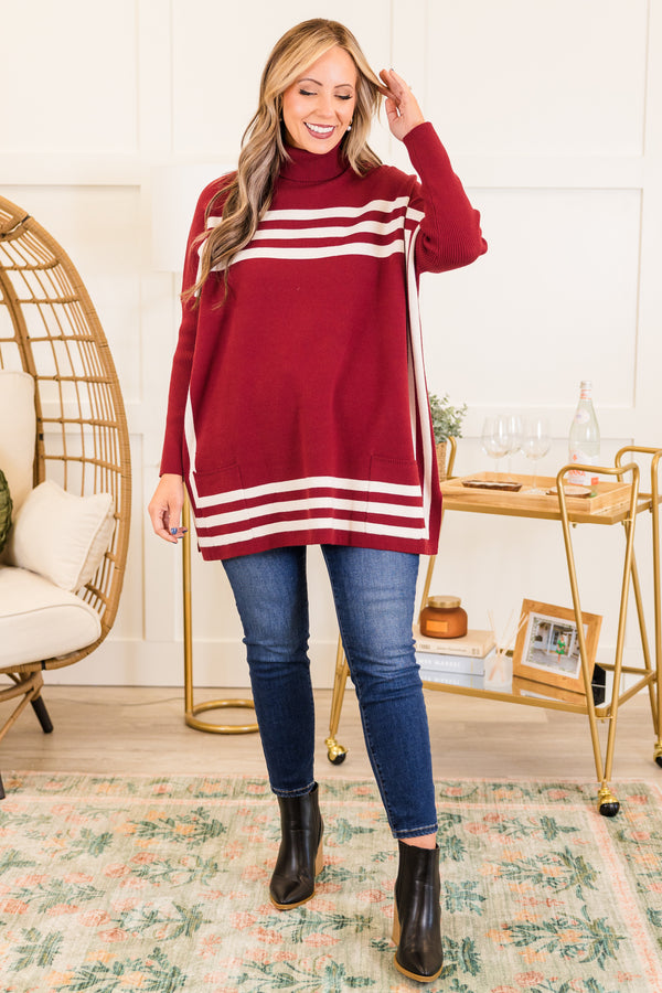 Chic Soul plus size clothing, long-sleeve wine red tunic with turtleneck and white striped pattern detailing