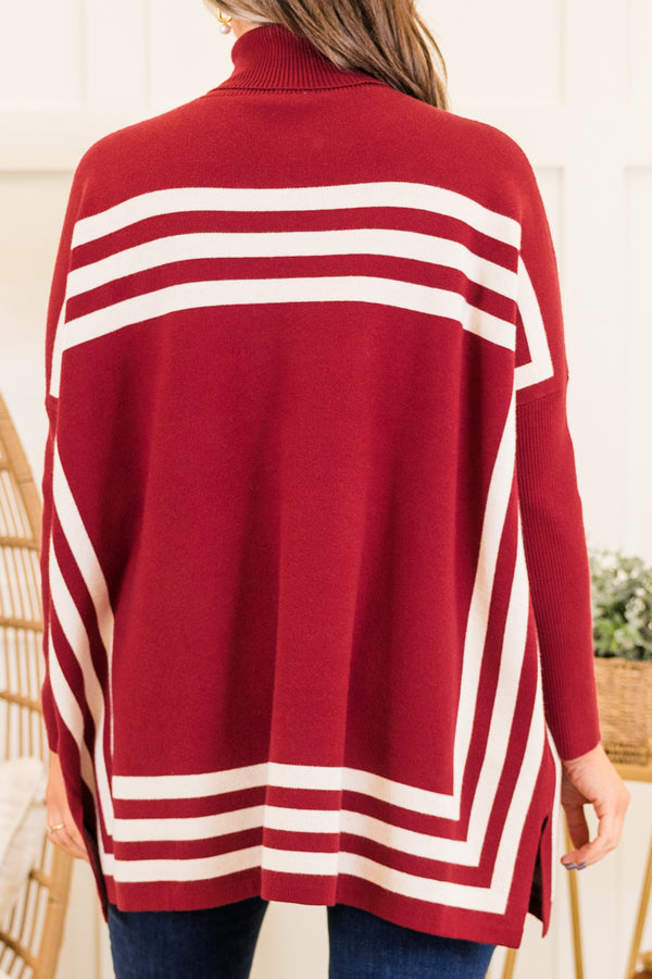 Chic Soul plus size clothing, long-sleeve wine red tunic with turtleneck and white striped pattern detailing