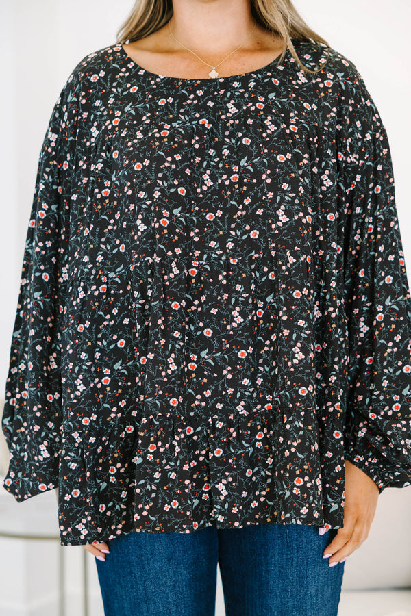 Chic Soul plus size clothing, long-sleeve black top with scoop-neckline and pink and green small floral pattern
