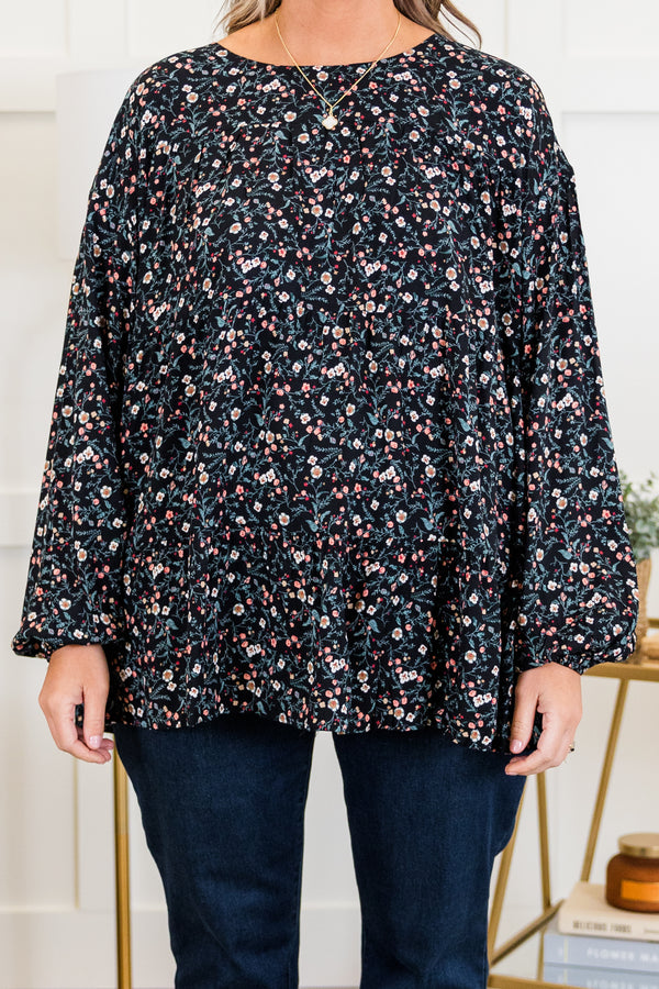 Chic Soul plus size clothing, long-sleeve black top with scoop-neckline and pink and green small floral pattern