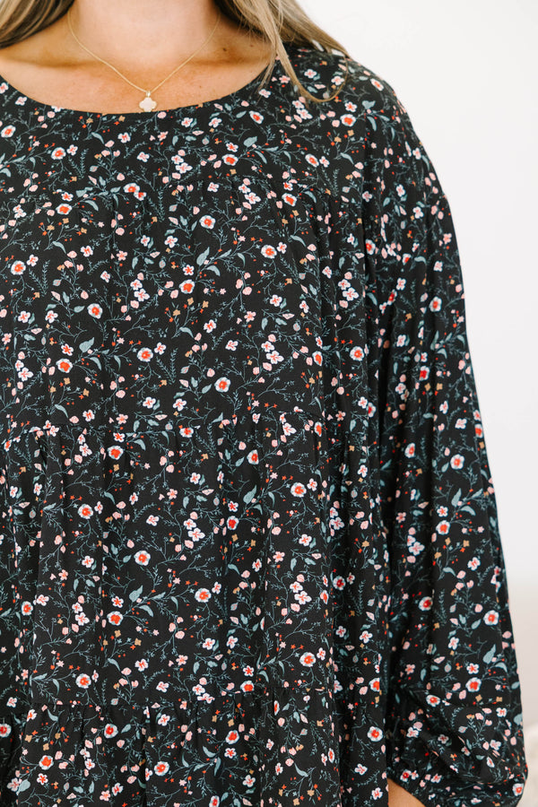 Chic Soul plus size clothing, long-sleeve black top with scoop-neckline and pink and green small floral pattern