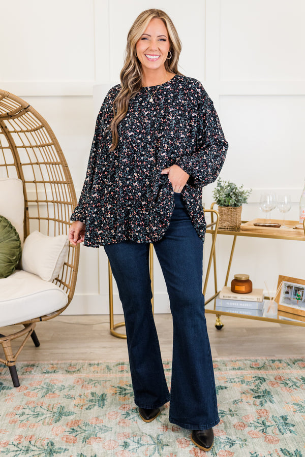 Chic Soul plus size clothing, long-sleeve black top with scoop-neckline and pink and green small floral pattern