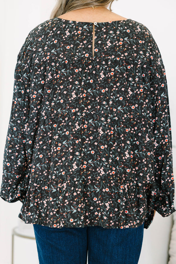 Chic Soul plus size clothing, long-sleeve black top with scoop-neckline and pink and green small floral pattern