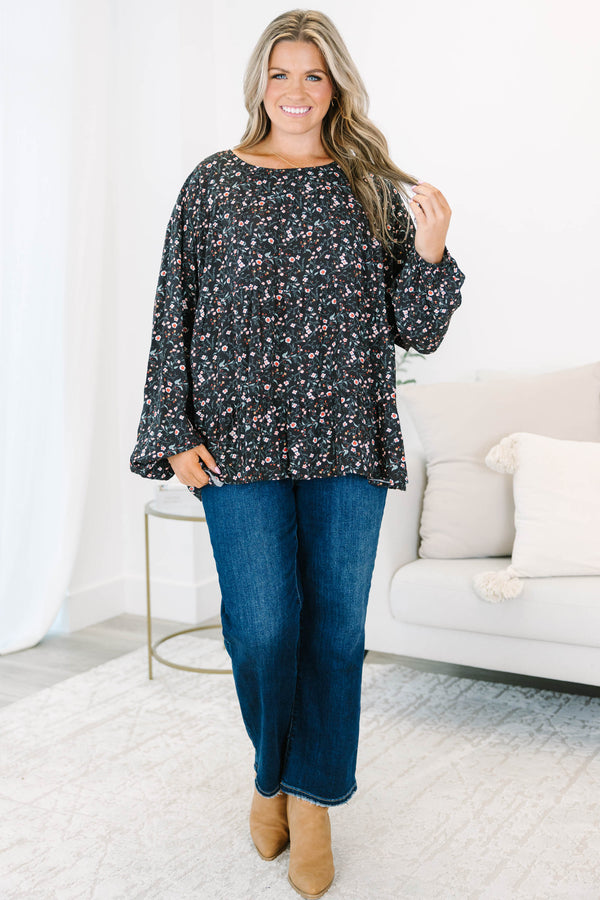 Chic Soul plus size clothing, long-sleeve black top with scoop-neckline and pink and green small floral pattern
