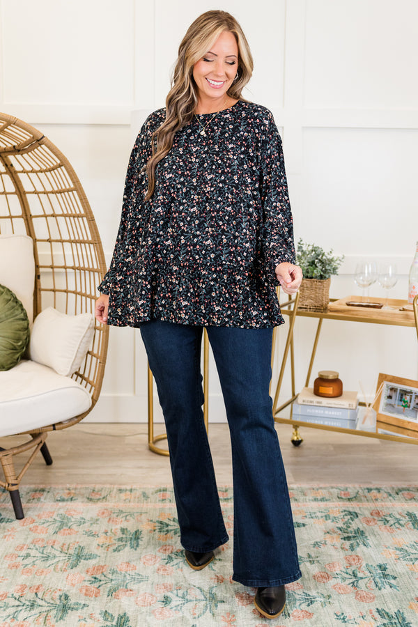 Chic Soul plus size clothing, long-sleeve black top with scoop-neckline and pink and green small floral pattern