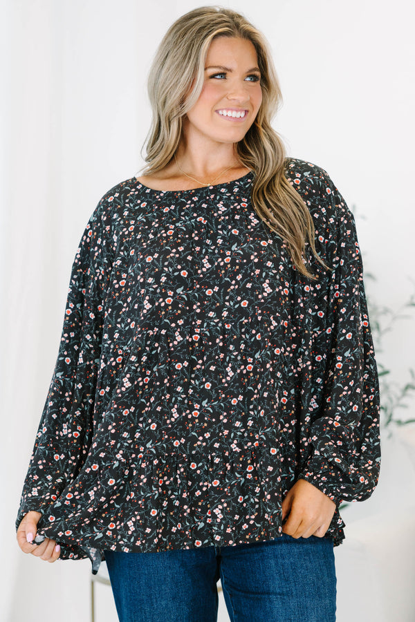 Chic Soul plus size clothing, long-sleeve black top with scoop-neckline and pink and green small floral pattern