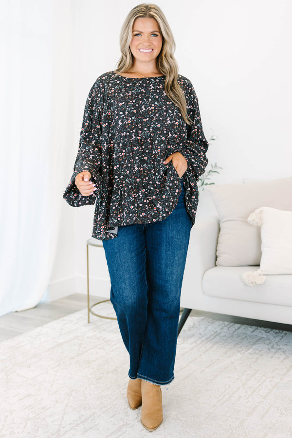 Chic Soul plus size clothing, long-sleeve black top with scoop-neckline and pink and green small floral pattern