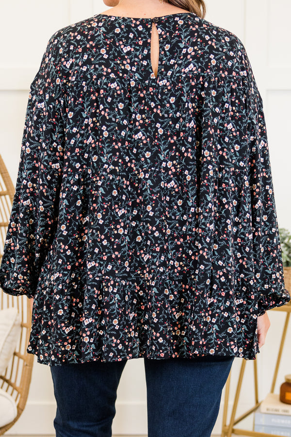 Chic Soul plus size clothing, long-sleeve black top with scoop-neckline and pink and green small floral pattern