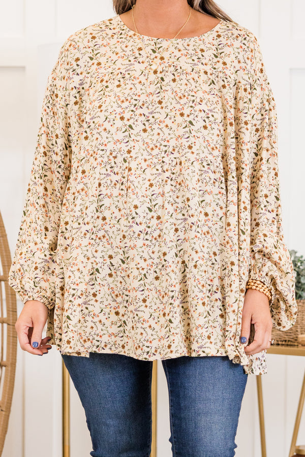 Chic Soul plus size clothing, ivory long sleeve small boho floral print with round neckline and cuff sleeves with flared bottom