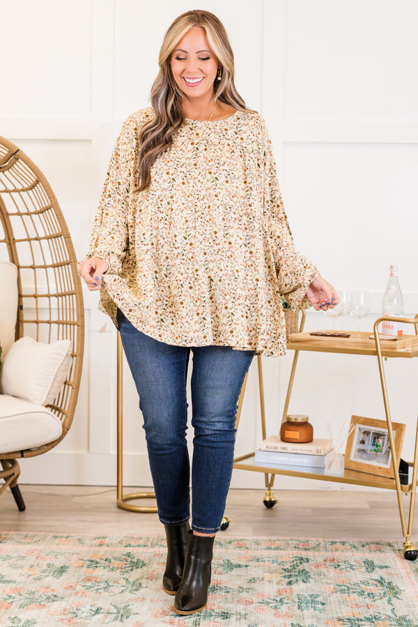 Chic Soul plus size clothing, ivory long sleeve small boho floral print with round neckline and cuff sleeves with flared bottom