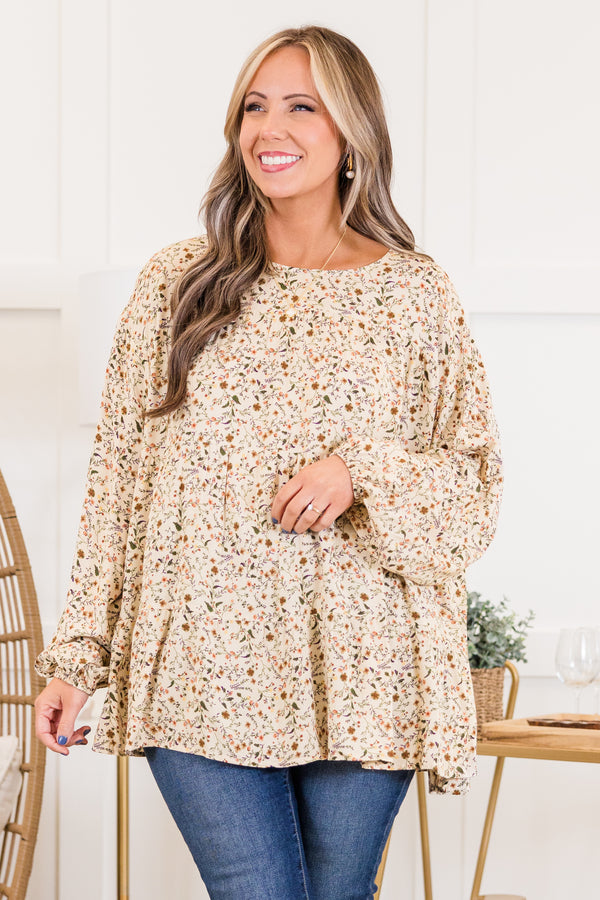 Chic Soul plus size clothing, ivory long sleeve small boho floral print with round neckline and cuff sleeves with flared bottom