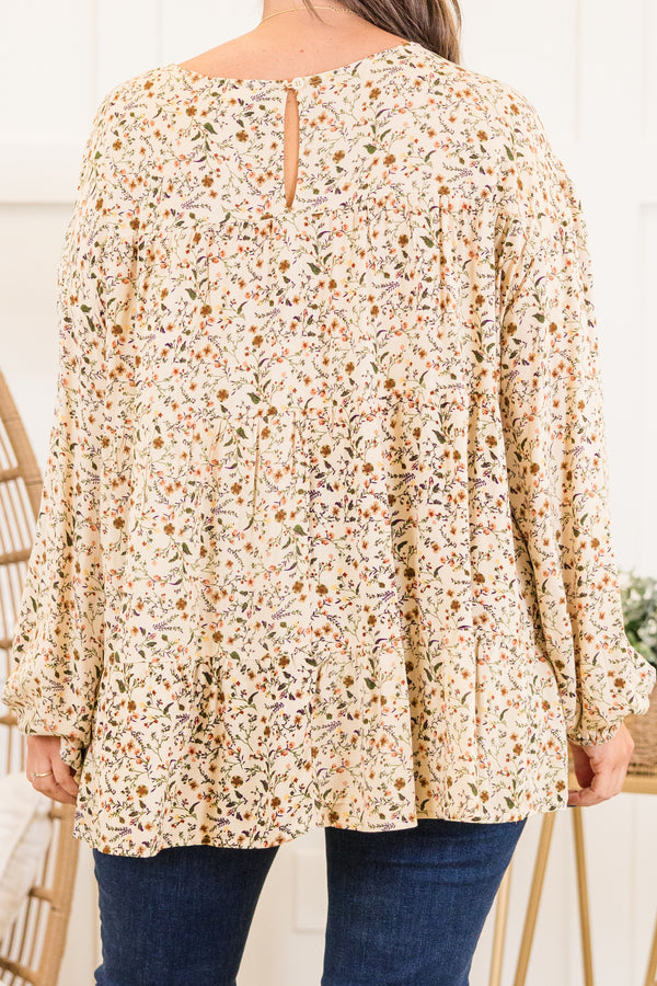 Chic Soul plus size clothing, ivory long sleeve small boho floral print with round neckline and cuff sleeves with flared bottom