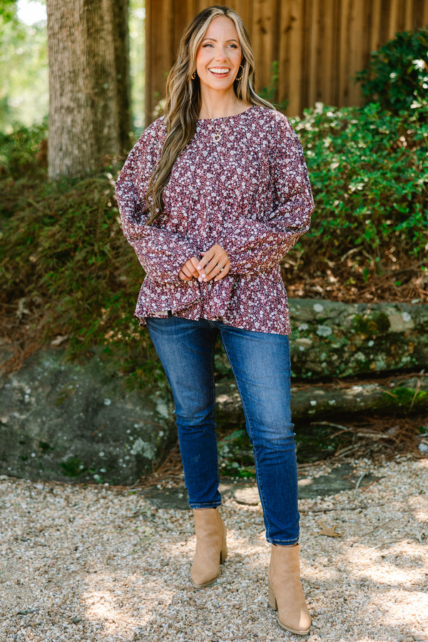 Chic Soul plus size clothing, long sleeve dark purple blouse with small white floral print