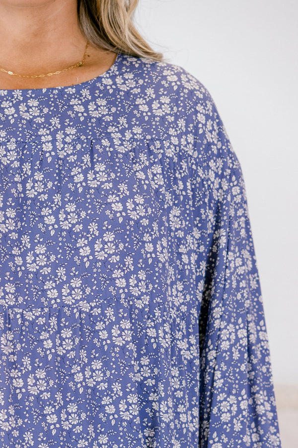Chic Soul plus size clothing, long sleeve navy blouse with small white floral print