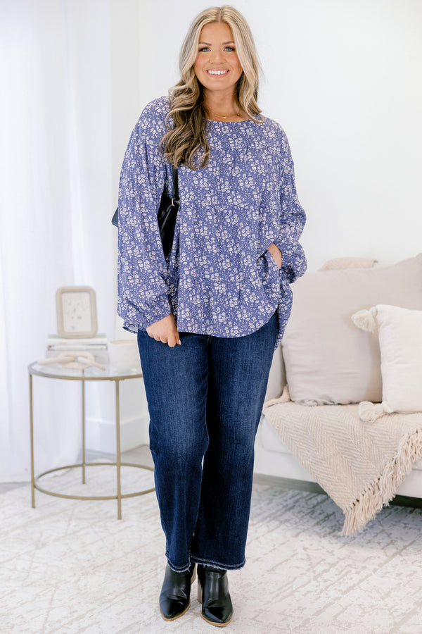 Chic Soul plus size clothing, long sleeve navy blouse with small white floral print