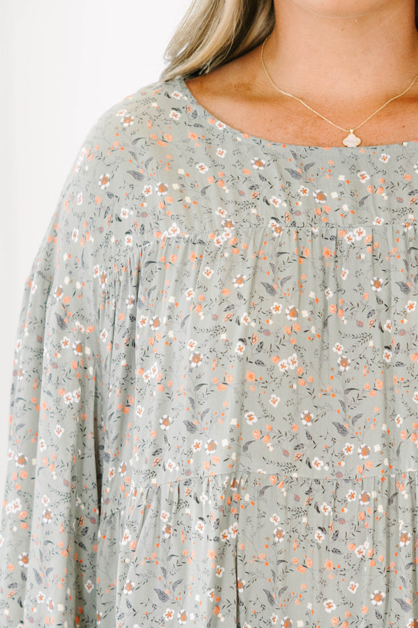 Chic Soul plus size clothing, long-sleeve olive green ruffled top with high-scoop-neckline and orange and ivory small floral pattern
