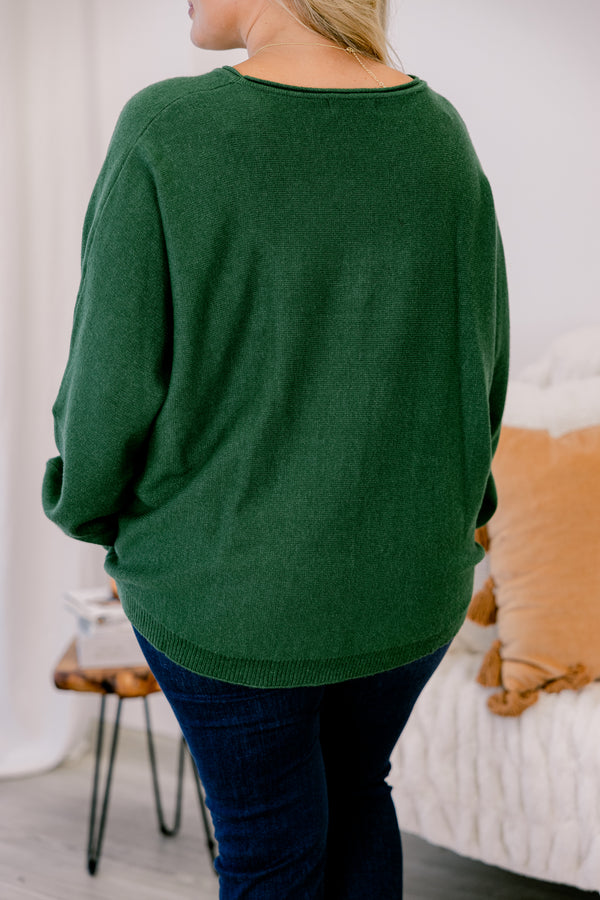 Chic Soul plus size clothing, dark heather green sweater with long sleeves and a ribbed texture on the bottom of the sweater and at the end of the sleeves 
