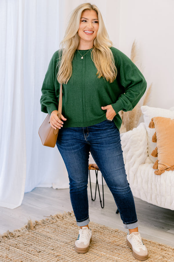 Chic Soul plus size clothing, dark heather green sweater with long sleeves and a ribbed texture on the bottom of the sweater and at the end of the sleeves 