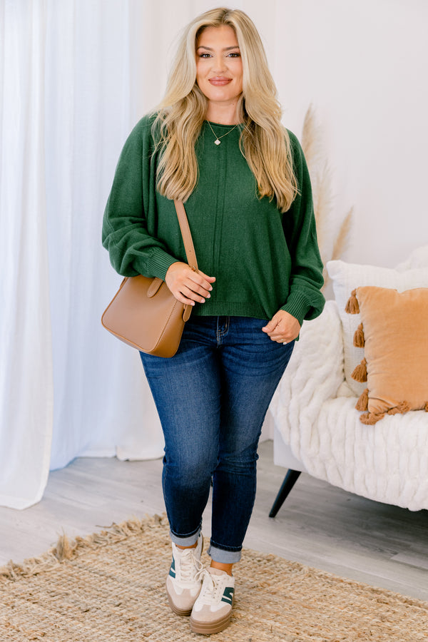 Chic Soul plus size clothing, dark heather green sweater with long sleeves and a ribbed texture on the bottom of the sweater and at the end of the sleeves 