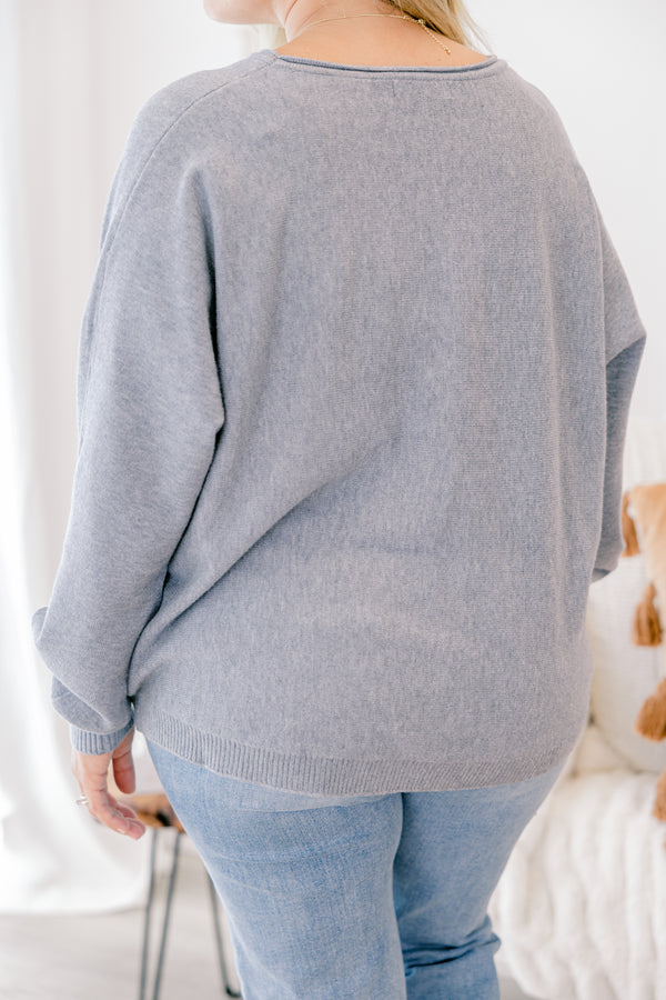 Chic Soul plus size clothing, heather gray long sleeve sweater with seam down the middle of the front