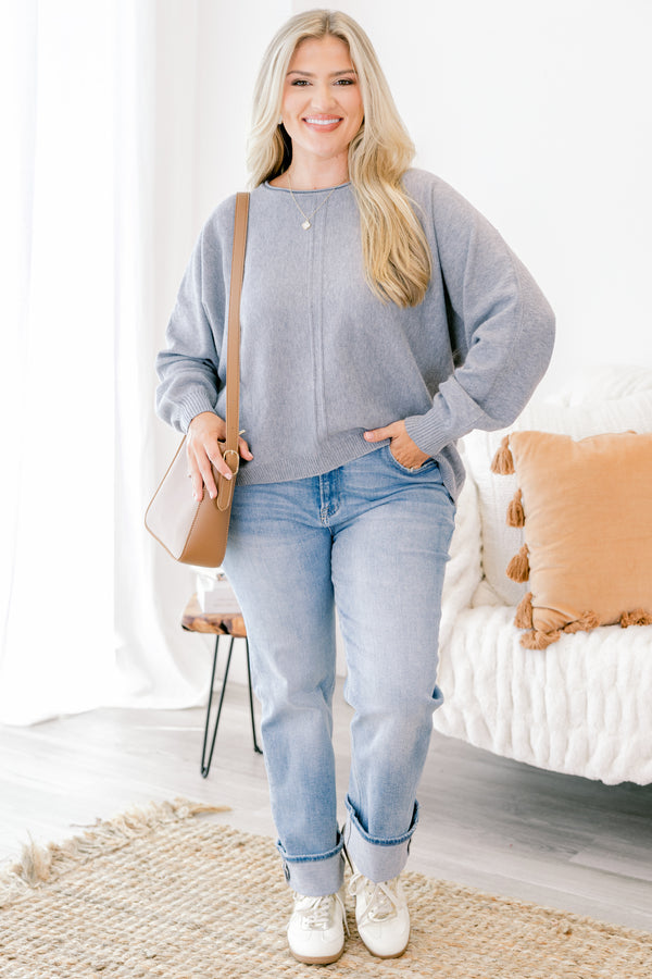 Chic Soul plus size clothing, heather gray long sleeve sweater with seam down the middle of the front