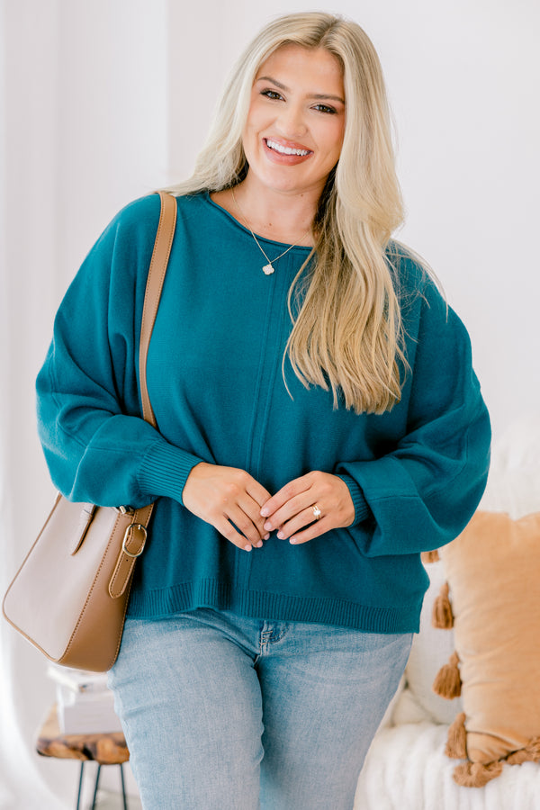 Chic Soul plus size clothing, blue long sleeve sweater with a ribbed detail going down the center of the sweater and on the sleeves 