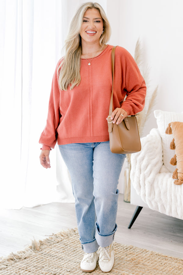 Chic Soul plus size clothing, rust orange long sleeve sweater with ribbed sinched sleeves and hem and 2 vertical center front seam details
