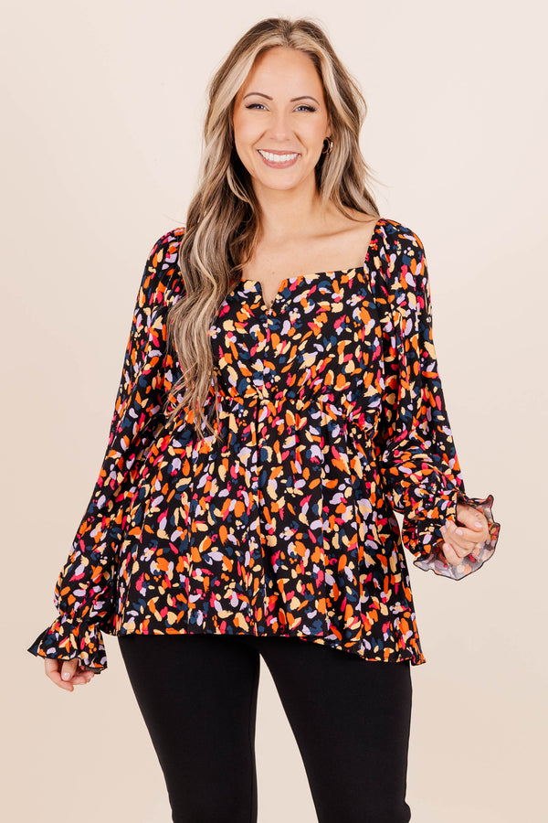 Chic Soul plus size clothing, black/fuchsia abstract pattern long sleeve top with a square neckline