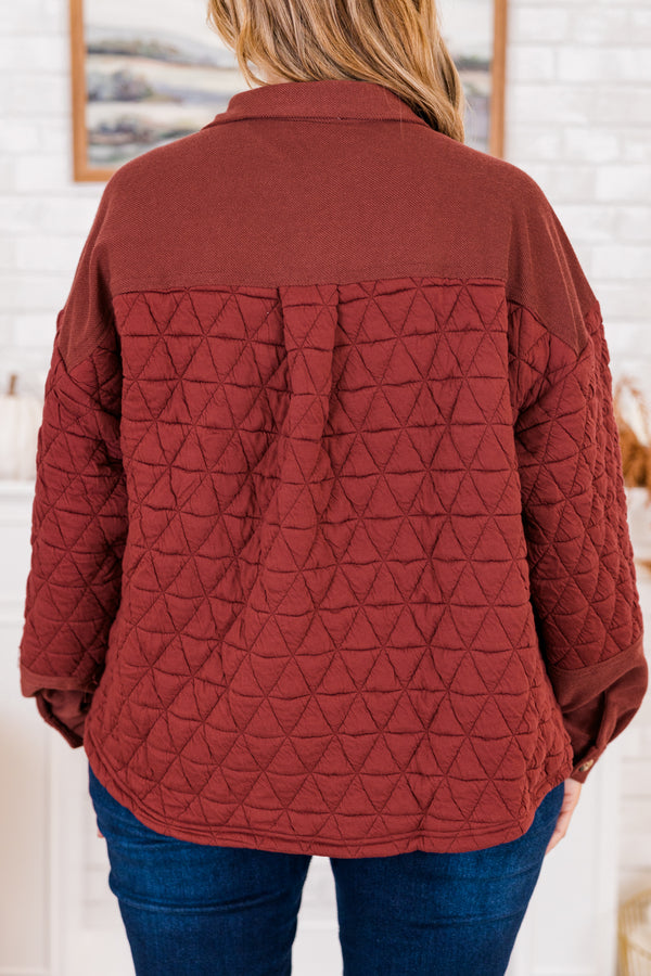 Chic Soul plus size clothing, brick red long-sleeve quilted button-down shacket with collar and brown tortoise button detailing with buttoned pockets on bodice