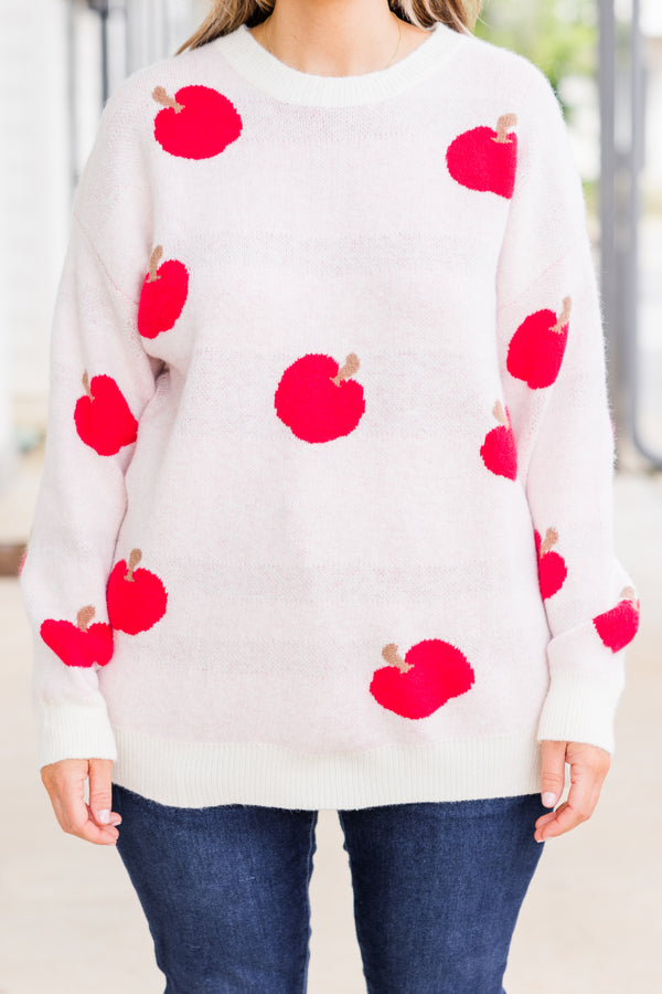 Chic Soul plus size clothing, long sleeve light pink knit sweater with scoop-neckline and pattern with red apples scattered across sweater