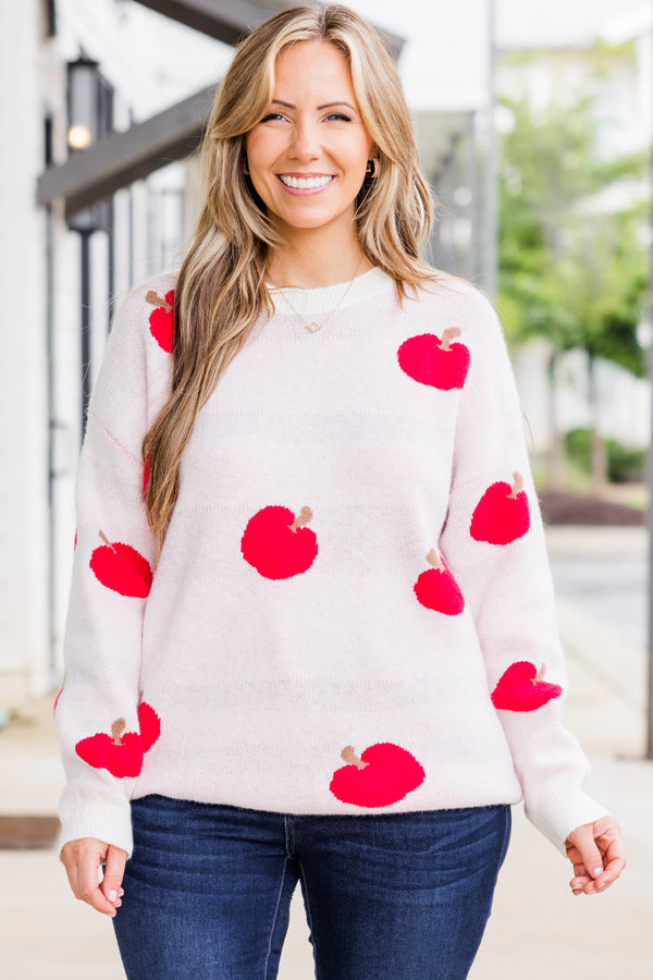 Chic Soul plus size clothing, long sleeve light pink knit sweater with scoop-neckline and pattern with red apples scattered across sweater