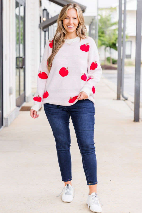 Chic Soul plus size clothing, long sleeve light pink knit sweater with scoop-neckline and pattern with red apples scattered across sweater