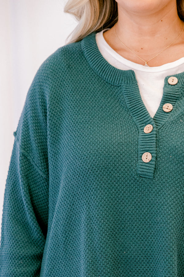 Chic Soul plus size clothing, Chic Soul plus size clothing, emerald green long sleeve knit sweater with buttons on the collar ¼ way down the front