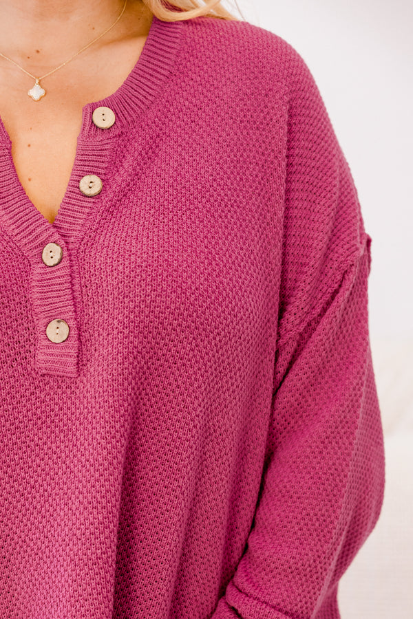 Plus Size pink henley sweater with a button-down neckline and long sleeves in a textured knit.