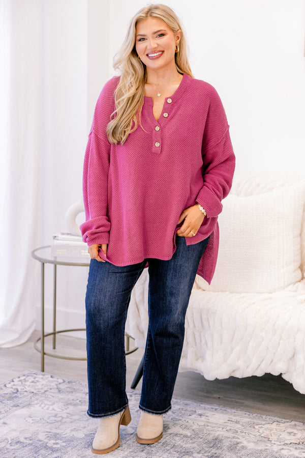 Plus Size pink henley sweater with a button-down neckline and long sleeves in a textured knit.